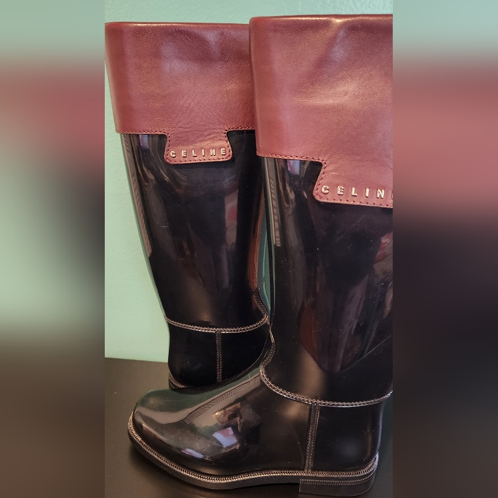 Celine Black and Brown Rain Boots Size 36 Shaft Width 6 inches Some Scuffs